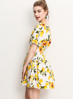 Bohemia Lemon Print Waist Mini A-line Dress