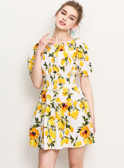 Bohemia Lemon Print Waist Mini A-line Dress