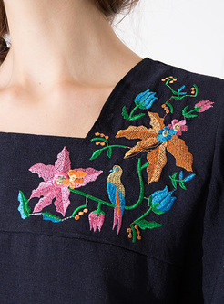 Ethnic Embroidery Square Neck Asymmetric Shift Dress