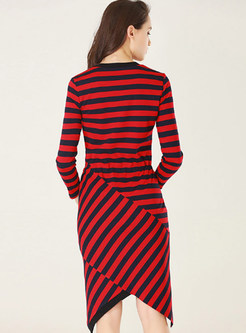 Striped Hit Color Asymmetric Hem Bodycon Dress