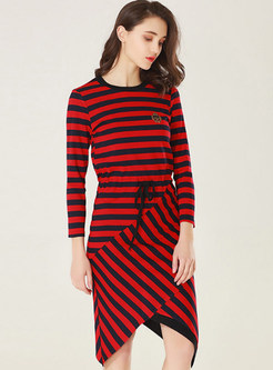Striped Hit Color Asymmetric Hem Bodycon Dress
