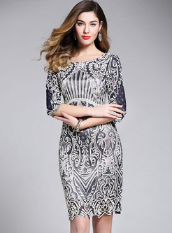 Vintage Three Quarters Sleeve Embroidered Bodycon Dress