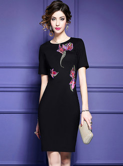 Vintage Flower Embroidered Bodycon Dress