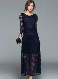 Lace Hollow Out Gathered Waist Maxi Dress