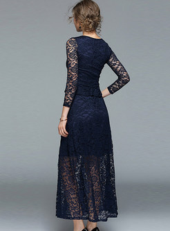 Lace Hollow Out Gathered Waist Maxi Dress