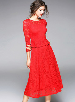 Red Lace Splicing Skater Dress