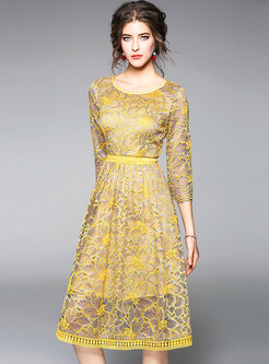 Yellow Lace Openwork Lace Skater Dress