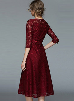 Wine Red Lace Gathered Waist Skater Dress