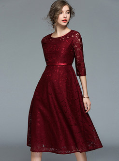 Wine Red Lace Gathered Waist Skater Dress