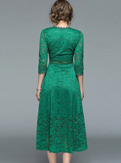 Green Lace Crochet V-neck Skater Dress