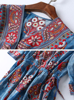 Ethnic Silk Floral Print V-neck Skater Dress
