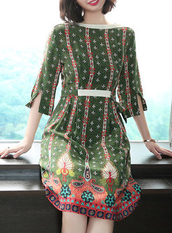 Green Ethnic Silk Contrast Color Skater Dress