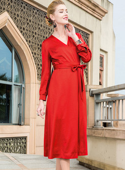 Red Silk Belted Long Sleeve Skater Dress
