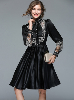 Black Embroidered Stand Collar A-line Dress