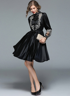 Black Embroidered Stand Collar A-line Dress