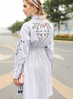 Street Embroidery Striped Lapel Shirt Dress