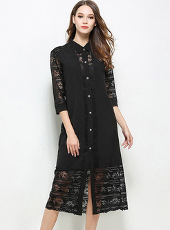 Black Lace Single-breasted Shift Dress With UUnderskirt