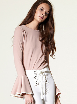 Pink Elegant Flare Sleeve Slim Sweater