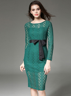 Green Lace Hollow Belted Bodycon Dress