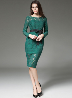 Green Lace Hollow Belted Bodycon Dress
