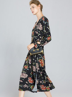 Flower Print Belted Long Sleeve Skater Dress
