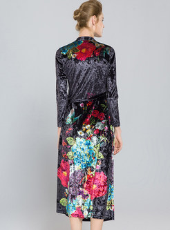 Velvet Floral Print High Waist Skater Dress