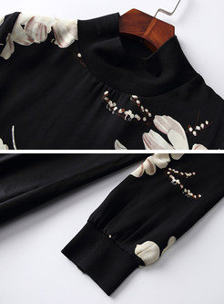 Black Flower Print Lantern Sleeve Skater Dress