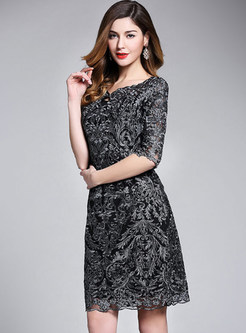 Black Hollow Out Lace Embroidered A-line Dress