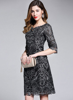 Black Hollow Out Lace Embroidered A-line Dress