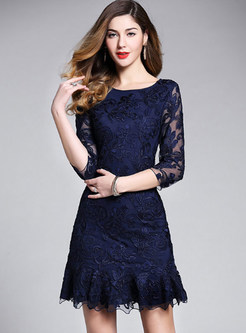 Navy Blue Embroidered Mermaid Dress