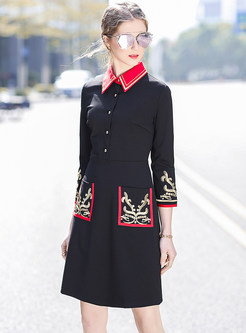 Black Turn Down Collar Embroidered A-line Dress
