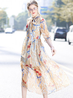 Floral Print Tied-collar Chiffon Skater Dress