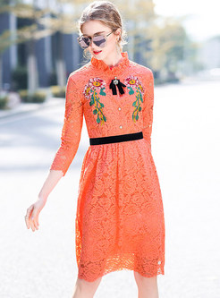 Orange Lace Embroidered Stand Collar Skater Dress
