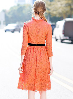 Orange Lace Embroidered Stand Collar Skater Dress