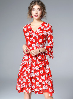 Red Floral Print Flare Sleeve Silk Skater Dress