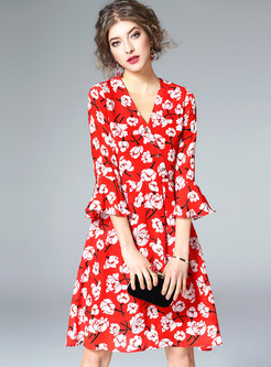 Red Floral Print Flare Sleeve Silk Skater Dress