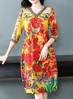 Floral Print V-neck Silk Loose Shift Dress