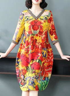 Floral Print V-neck Silk Loose Shift Dress