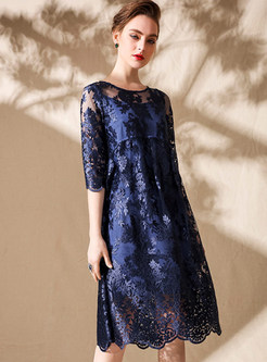 Blue Embroidered Loose Shift Dress With Underskirt