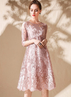Pink Three Quarters Sleeve Embroidered Shift Dress With Underskirt