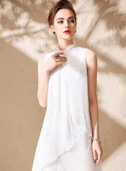 White Silk Embroidered Big Hem Shift Dress