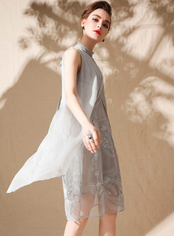 Grey Sleeveless Silk Embroidered Shift Dress
