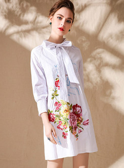 White Embroidered Bowknot Tied Shift Dress