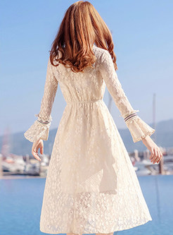 Sweet Lace Stand Collar Flare Sleeve Skater Dress