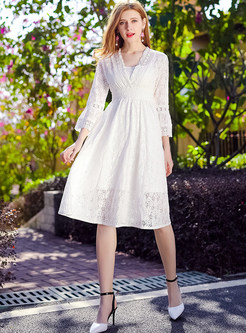 White V-neck Lace Flare Sleeve Skater Dress With Underskirt