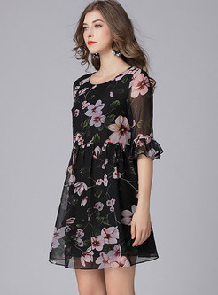 Flower Print Half Sleeve Chiffon Dress