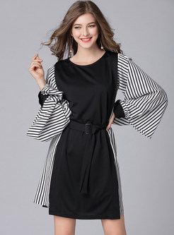 Striped Hit Color Belted A-line Dress
