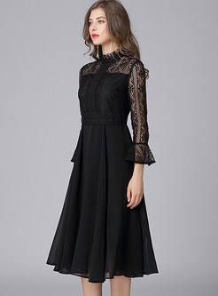 Black Lace Openwork Patchwork Chiffon Midi Dress