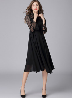 Black Lace Openwork Patchwork Chiffon Midi Dress