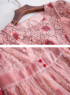Pink Mesh Floral Print Skater Dress